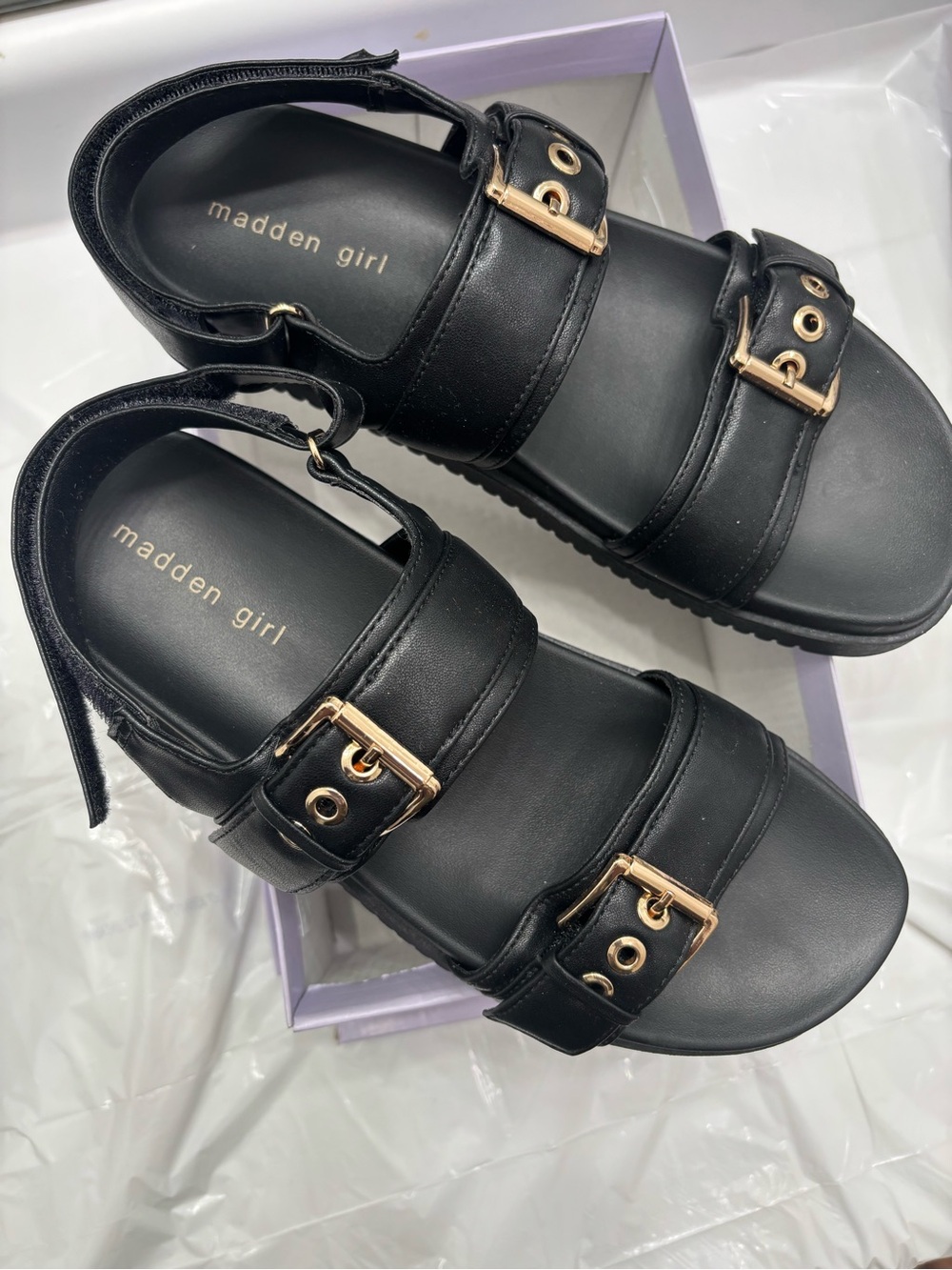 Madden Girl Black Sandals with Gold Buckles - Picture 1 of 4